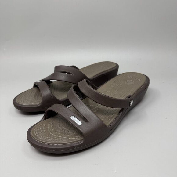 Crocs Patricia Wedge Sandals Women 9 Brown Rubber Slide Slip On Comfort Strappy - Picture 3 of 7